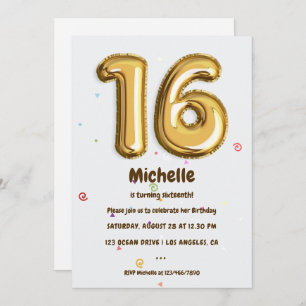 Invitation Gold Foil Balloon et Confetti 16e fête d'anniversa