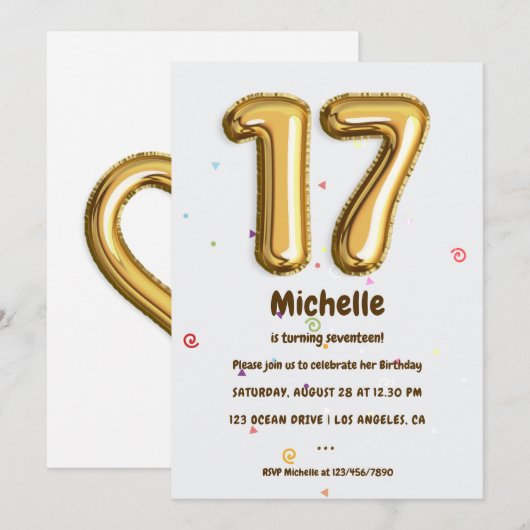 Invitation Gold Foil Balloon et Confetti 17ème anniversaire f (Devant / Derrière)