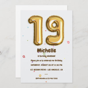 Invitation Gold Foil Balloon et Confetti 19e fête d'anniversa