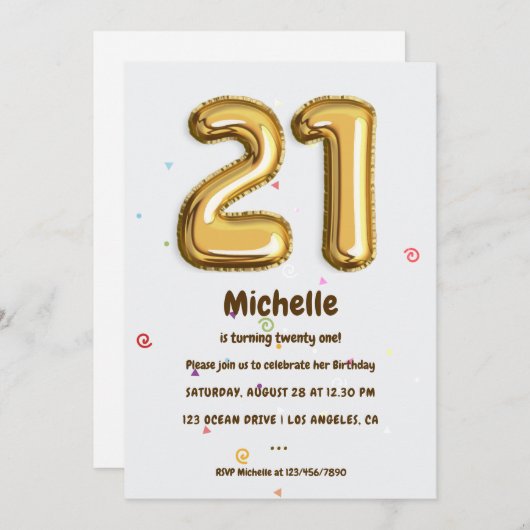 Invitation Gold Foil Balloon et Confetti 21e fête d'anniversa (Devant / Derrière)