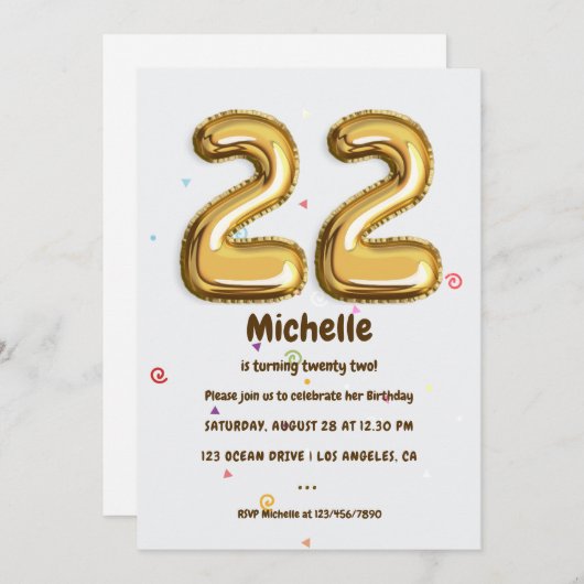 Invitation Gold Foil Balloon et Confetti 22e fête d'anniversa (Devant / Derrière)