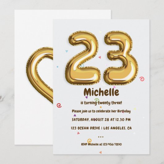 Invitation Gold Foil Balloon et Confetti 23e anniversaire fêt (Devant / Derrière)