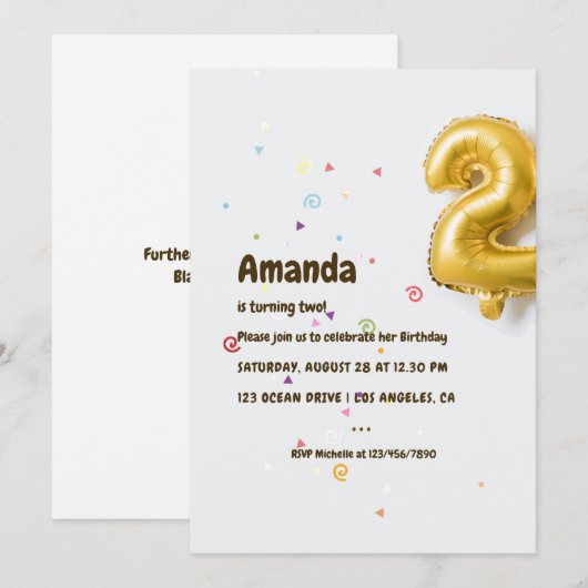Invitation Gold Foil Balloon et Confetti 2e anniversaire (Devant / Derrière)