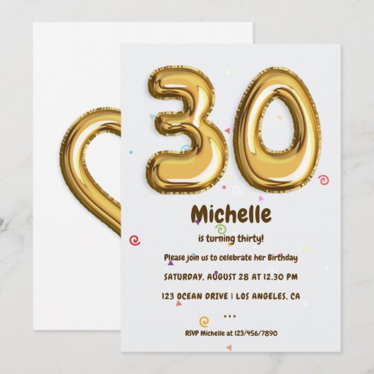 Invitation Gold Foil Balloon et Confetti 30e fête d'anniversa (Devant / Derrière)
