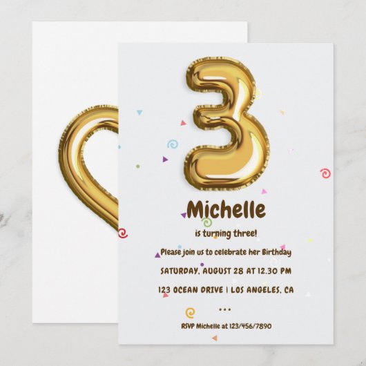Invitation Gold Foil Balloon et Confetti 3ème anniversaire (Devant / Derrière)