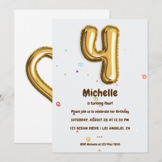 Invitation Gold Foil Balloon et Confetti 4e anniversaire (Devant / Derrière)