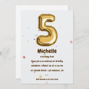Invitation Gold Foil Balloon et Confetti 5e anniversaire