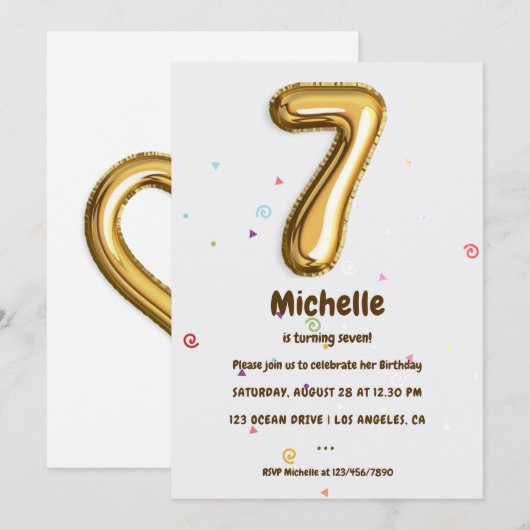 Invitation Gold Foil Balloon et Confetti 7e fête d'anniversai (Devant / Derrière)