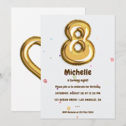 Invitation Gold Foil Balloon et Confetti 8e anniversaire (Devant / Derrière)