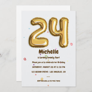 Invitation Gold Foil Balloon et Confetti fête de 24e annivers