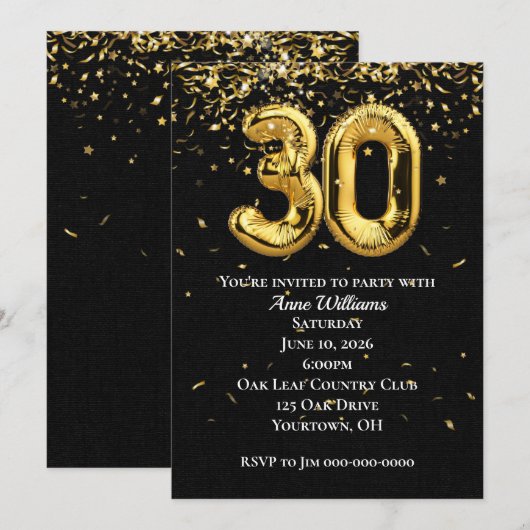 Invitation Gold Foil Balloons 30e anniversaire de fête Invita (Devant / Derrière)