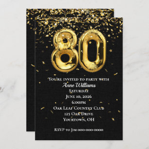 Invitation Gold Foil Balloons 80e anniversaire de fête Invita