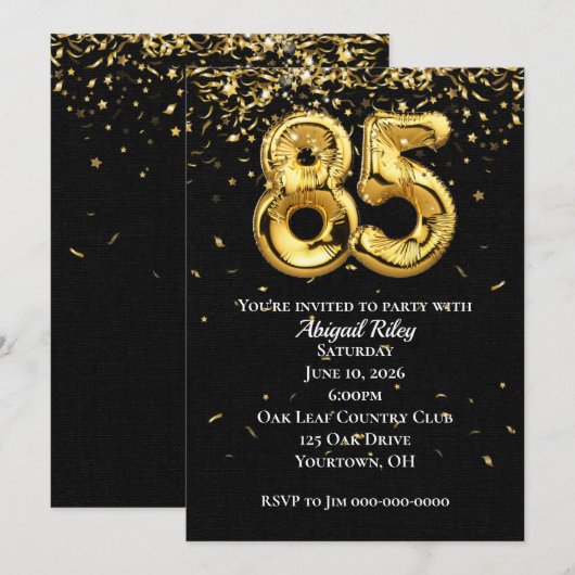 Invitation Gold Foil Balloons 85e anniversaire de fête Invita (Devant / Derrière)