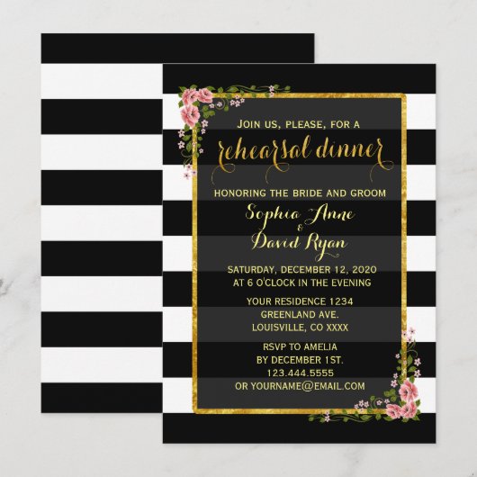 Invitation Gold Foil Black Stripes Dîner de répétition Invita (Devant / Derrière)