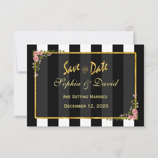 Invitation Gold Foil Black Stripes Mariage Enregistrer La Dat (Dos)