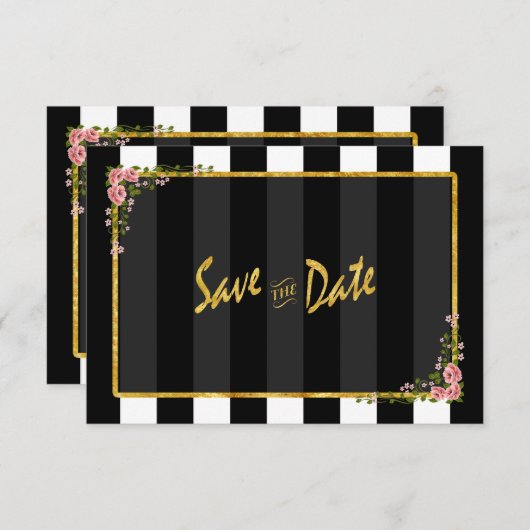 Invitation Gold Foil Black Stripes Mariage Enregistrer La Dat (Devant / Derrière)