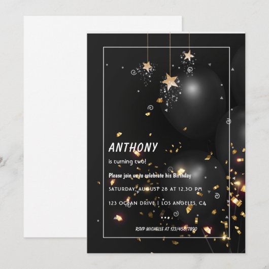 Invitation Gold Foil et Confetti fête d'anniversaire (Devant / Derrière)