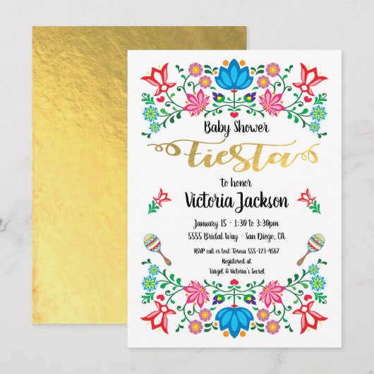 Invitation Gold Foil Floral Baby shower mexicain Fiesta (Devant / Derrière)