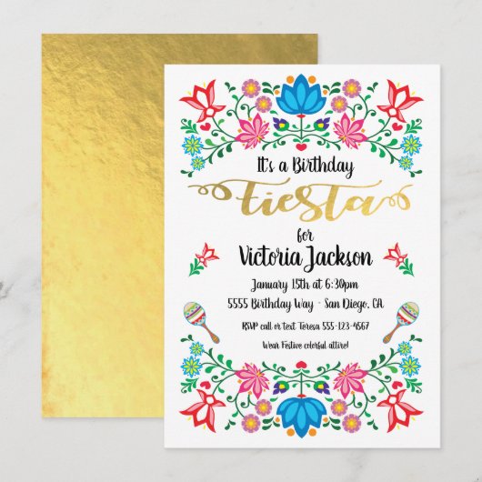 Invitation Gold Foil Floral Fête mexicaine Anniversaire (Devant / Derrière)