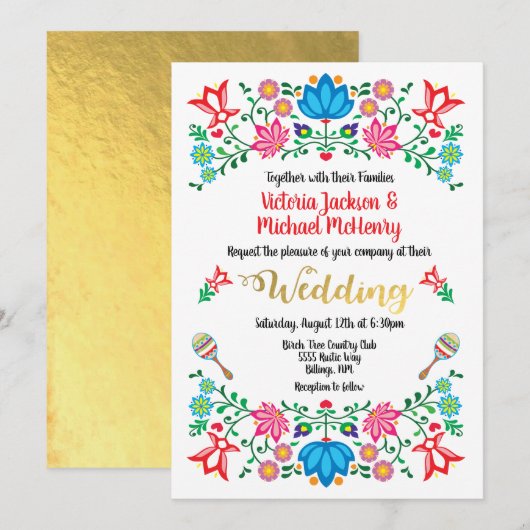Invitation Gold Foil Floral Mariage mexicain Fiesta (Devant / Derrière)