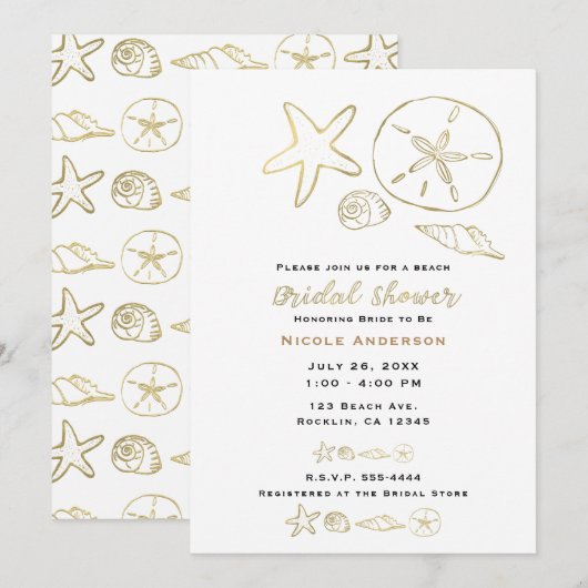 Invitation Gold Foil Look Sea Shells Chic Beach Fête des mari (Devant / Derrière)