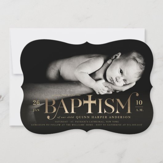 Invitation Gold Foil Moderne Classique Bold Croix Baptême Pho (Devant)