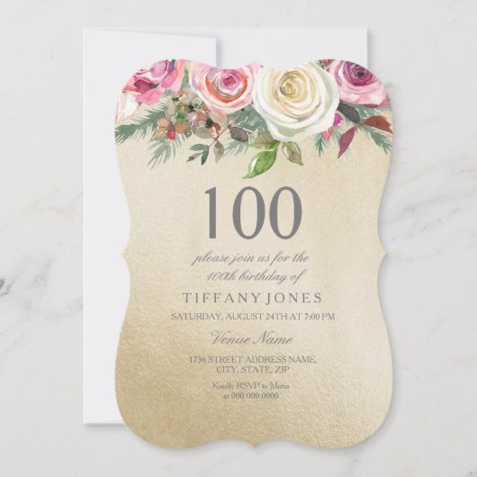 Invitation Gold Foil Rose rose blanche 100e anniversaire Invi (Devant)