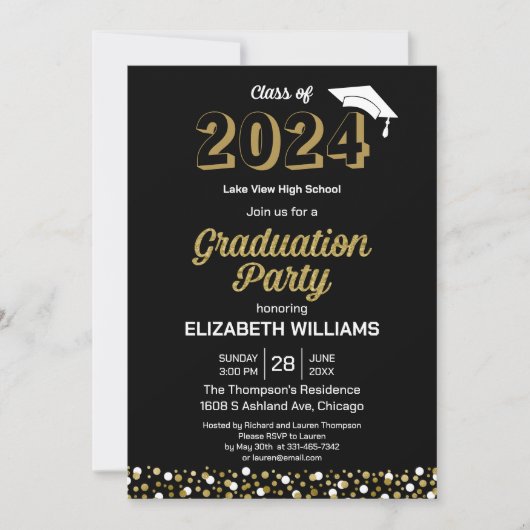 Invitation Gold Foil Script Confetti Graduation Party Noir (Devant)