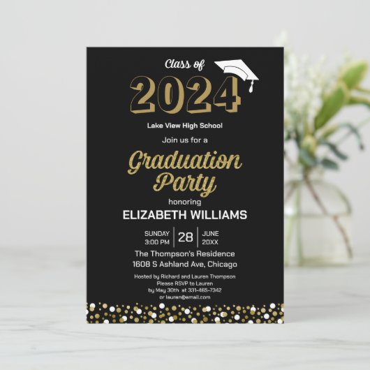 Invitation Gold Foil Script Confetti Graduation Party Noir (Debout devant)