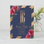 Invitation Gold Foil Stripes Floral Navy ID757 (Debout devant)
