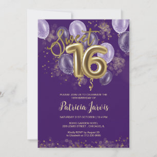 Invitation Gold Foil Sweet 16 Ballons d'anniversaire fête vio