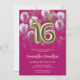 Invitation Gold Foil Sweet 16 Ballons d'anniversaire Hot rose