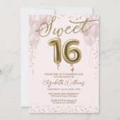 Invitation Gold Foil Sweet 16 Ballons d'anniversaire rose (Devant)