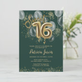 Invitation Gold Foil Sweet 16 Balloons Party Emerald Green (Debout devant)