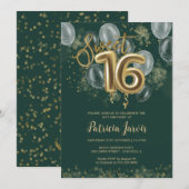Invitation Gold Foil Sweet 16 Balloons Party Emerald Green (Devant / Derrière)