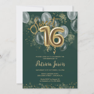Invitation Gold Foil Sweet 16 Balloons Party Emerald Green