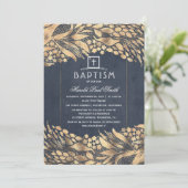 Invitation Gold Foliage Élégant Marine Baptême bleu (Debout devant)