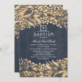 Invitation Gold Foliage Élégant Marine Baptême bleu (Devant / Derrière)