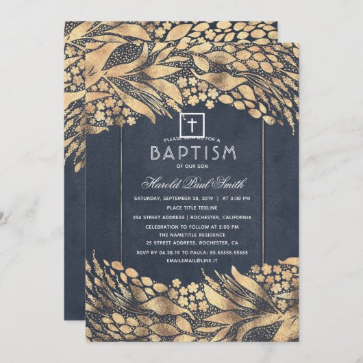 Invitation Gold Foliage Élégant Marine Baptême bleu (Devant / Derrière)