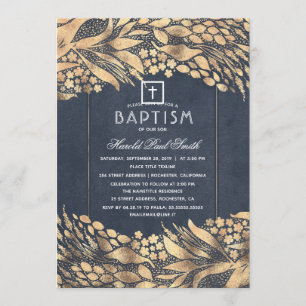 Invitation Gold Foliage Élégant Marine Baptême bleu