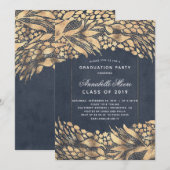 Invitation Gold Foliage Marine Blue Modern Graduation Party (Devant / Derrière)