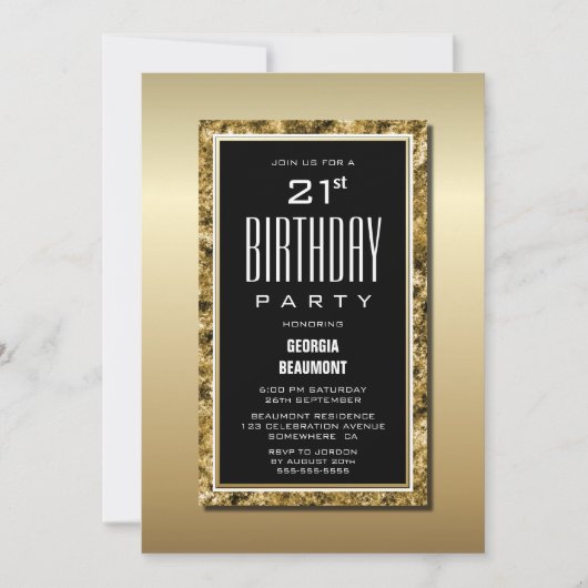Invitation Gold Frame Black 21e fête d'anniversaire (Devant)