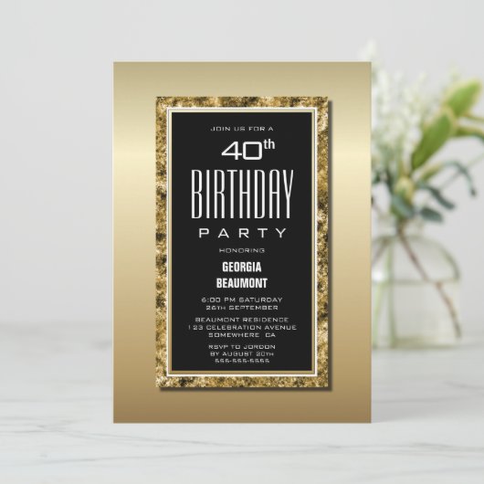 Invitation Gold Frame Black 40th Birthday Party (Debout devant)
