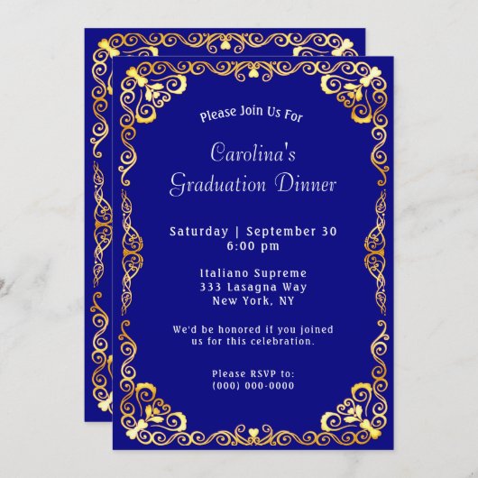 Invitation Gold Frame Blue Graduation (Devant / Derrière)