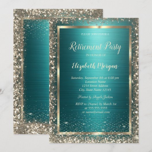 Invitation Gold Frame Border Green Metallic Retirement (Devant / Derrière)