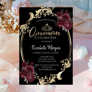 Invitation Gold Frame Bourgogne Rose Black Quinceañera
