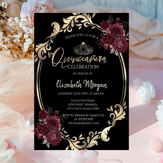 Invitation Gold Frame Bourgogne Rose Black Quinceañera