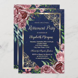 Invitation Gold Frame Bourgogne Rose Marine Blue Retirement