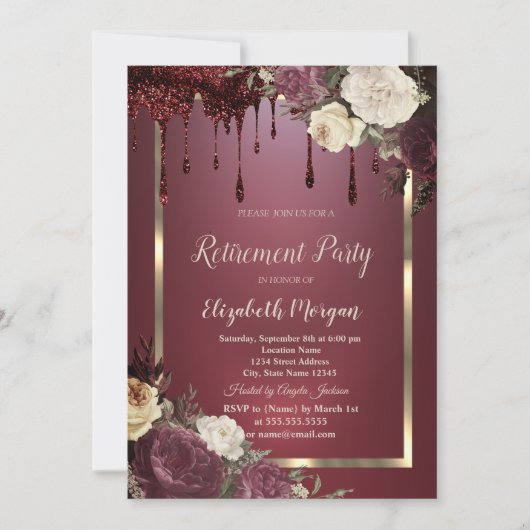 Invitation Gold Frame Bourgogne Rose Parties scintillant Driv (Devant)