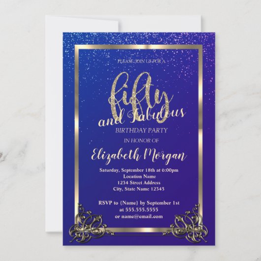 Invitation Gold Frame Confetti Bleu 50e fête d'anniversaire (Devant)